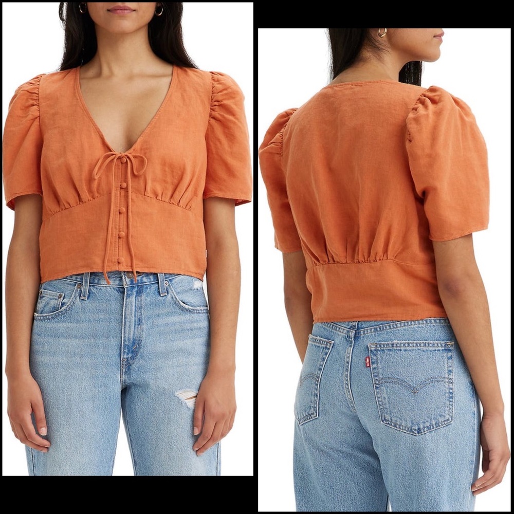 Levi’s Rust Linen Cotton Blend Puff Sleeve Blouse Top